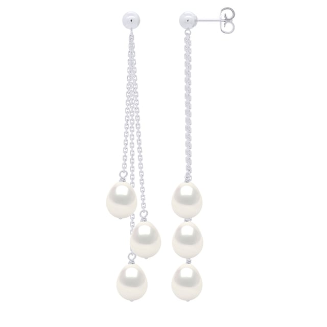 Earrings Trio - 3 Real Cultured Freshwater Pearls Pear 7-8 mm - COLOR NATURAL PEARL WHITE - Butterfly Clasp and Chainlets White Gold - Delivered with Certificate of Authenticity and International Guarantee - MADE IN FRANCE
