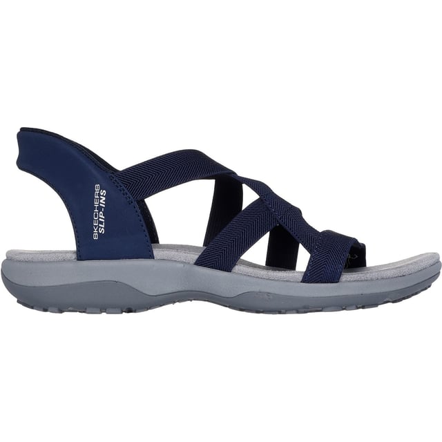 Geniet van zonnige dagen in luchtig comfort met Skechers Hands Free Slip-ins: Reggae Slim - Stretch Flex. Deze sandaal is ontworpen met ons hielkussen en heeft een bovenwerk van stretchstof met een hielstuk en een voetbed met kussentjes.