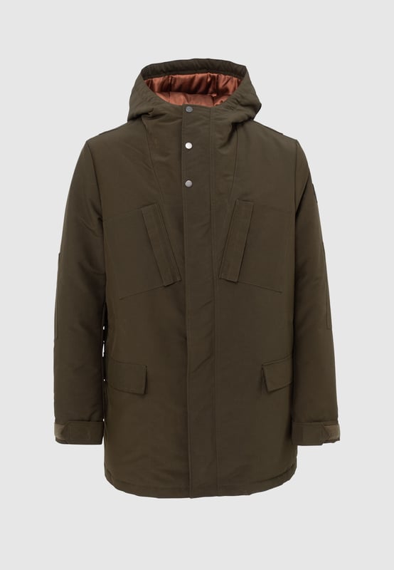 This khaki parka has high collar, hood, long sleeves and multi-pockets with drawstrings to tie at hood, concealed zip and press stud fastening under placket.