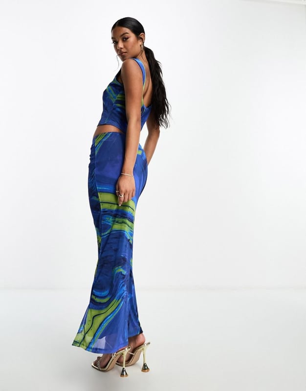 ASOS DESIGN printed mesh low rise fishtail maxi skirt co ord in blue