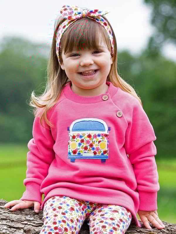 Hooray for today! Kite's let's go sweatshirt is the perfect companion for time spent adventuring and exploring. Stylish and practical with a lovely camper van appliqué on super-soft carmine pink brush back sweat fabric. What are you waiting for? Let's go!