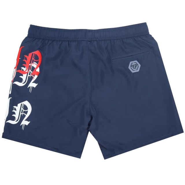 Philipp Plein Melting Logos Navy Blue Swim Shorts. Philipp Plein Melting Logos Navy Blue Swim Shorts. Elasticated Waistband. Branded Drawstring Fasten. Medium Boardshort Style. Product Code - CUPP05 M0185