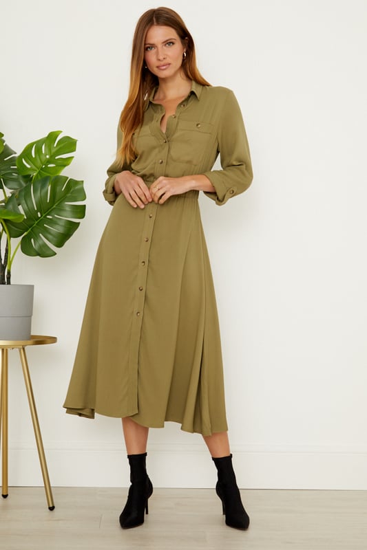 Khaki Stretch Waist Midi Shirt Dress
