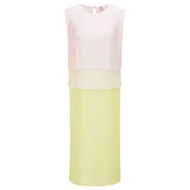 Womens BOSS Emanis Dress- 3 layer dress with colour blocking- Pleated design- Round neck- Dropped shoulder with straight fit- Sleeveless- Keyhole back with mini button. - Midi length- Main: 68% viscose  32% polyester. Lining: 100% modal. Machine wash.- Ref: 50472409-965