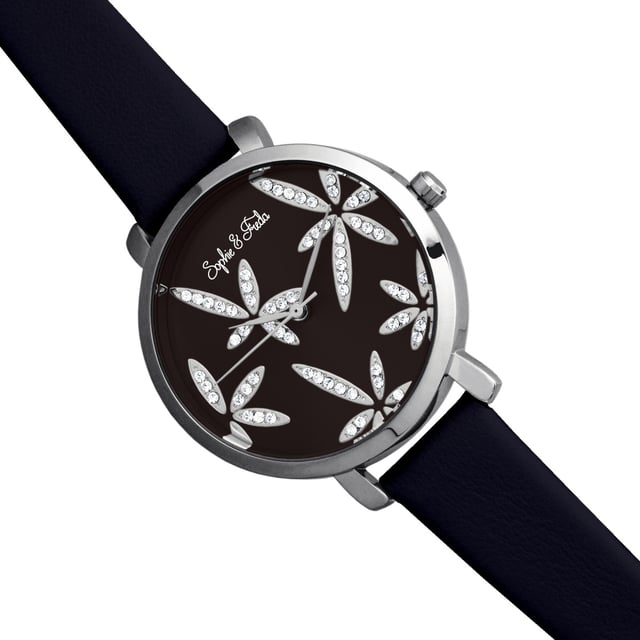 Polished Alloy Case; Precision Japanese Quartz Movement; Non-Glare Scratch-Resistant Mineral Crystal; Swarovski Crystals on Dial; Logo Engraved Stainless Steel Caseback; Genuine Leather Strap; Logo-Engraved Stainless Steel Clasp; 35mm Case Diameter; 3ATM Water Resistance;