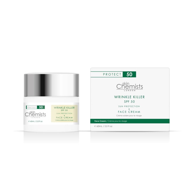 skinChemists Wrinkle Killer Sun Protection Day Moisturizer SPF 50 is a powerful formula that combines sun protection with anti-aging benefits. Infused with ingredients like Aloe Barbadensis Leaf Juice, Hydrolyzed Collagen, and Persea Gratissima Oil, it not only shields the skin from harmful UV rays but also hydrates, smooths, and plumps the skin. This clean beauty product is perfect for those looking for a multi-tasking moisturizer that promotes healthy, youthful-looking skin.