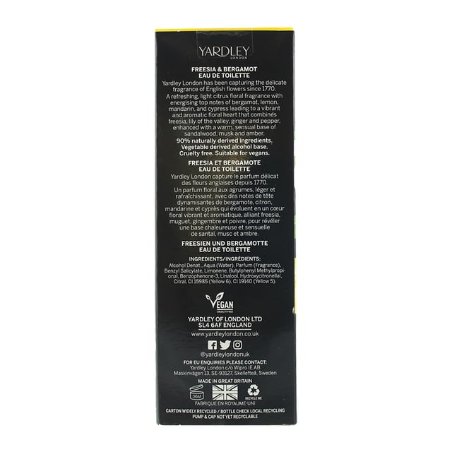 Yardley Freesia & Bergamot is a light citrus floral fragrance for women. Top notes are bergamot, lemon, mandarin and cypress. Middle notes are freesia, lily-of-the-valley, ginger and pepper. Base notes are sandalwood, musk and amber..