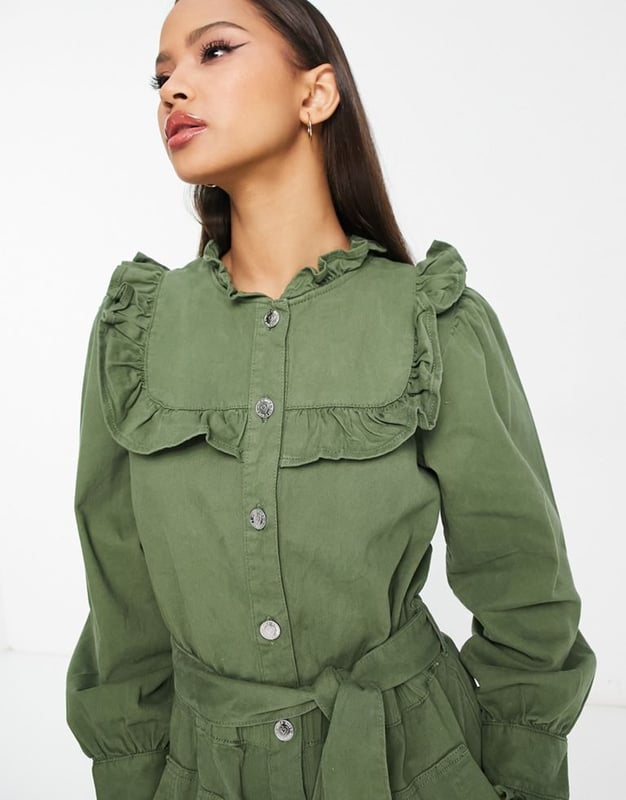 Miss Selfridge bib frill belted jumpsuit in khaki Green