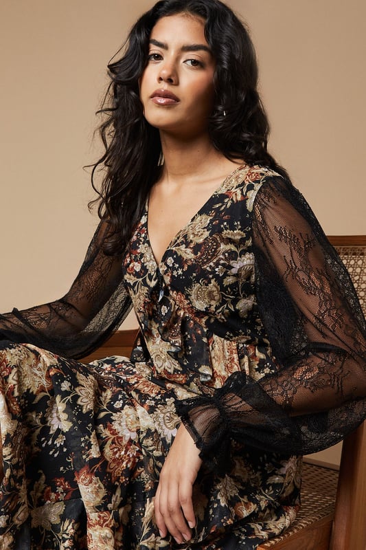 Petite Folk Lace Sleeve Ruffle Front Midi Dress