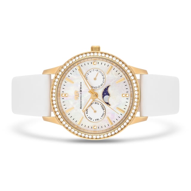 Are you looking for a women's watch that connects classic look with glamorous luxury? Then this model of the Rhodenwald & Sons label is the right choice. The clock scores with an elaborately worked, multi -layer dial, striking line indices and luminiscae. Functional highlight are auxiliary digits for the date and weekday in the Bicompax arrangement, supplemented by a moon phase display. The hard-wearing stainless steel case with IP finishing in yellow gold is decorated with crystals from Swarovski®. A simple, soft leather bracelet fits perfectly into the design and rounds off the noble overall impression.