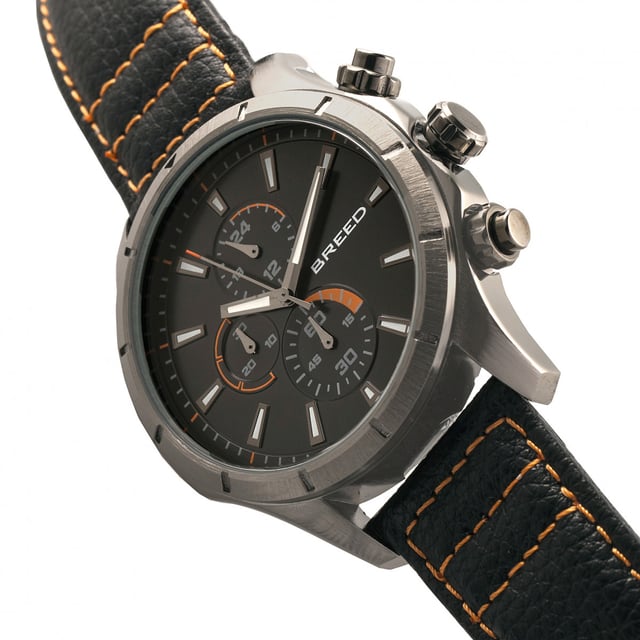 Brushed Alloy Case; Precision Japanese Quartz Movement; Full-Function Chronograph; Non-Glare Scratch Resistant Mineral Crystal; Logo-Engraved Stainless Steel Caseback; Genuine Leather Crocodile-Embossed Strap; Logo-Engraved Stainless Steel Clasp; Luminous Hands; Luminous Markers; 24-Hour Sub-Dial; 47mm Case Diameter; 5 ATM Water Resistance;