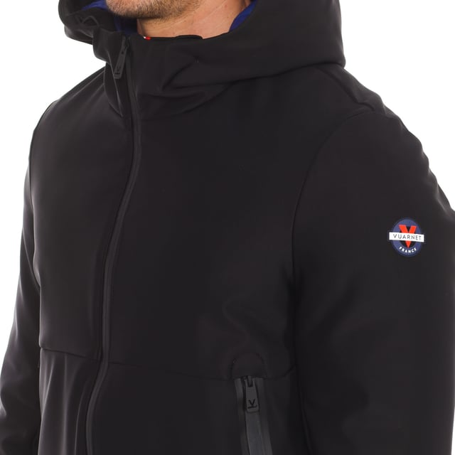 Waterproof jacket Vuarnet.
 High collar with hood.
 Two-way zipper closure.
 Two zippered hand pockets
 One internal zipper pocket.
 Brand logo on one sleeve.
 Composition: 74% Polyamide, 26% Elastane
 Care:
Wash at maximum temperature 30º.
 Do not iron.
 Do not use dryer.
 Do not use bleach.
 Do not dry clean.