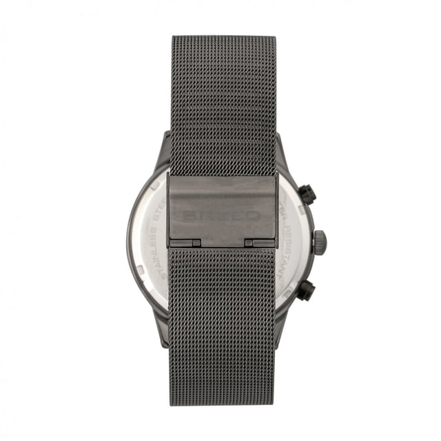 Polished Alloy Case; Precision Japanese Quartz Movement; Full-Function Chronograph; Non-Glare Scratch Resistant Mineral Crystal; Logo-Engraved Stainless Steel Caseback; Alloy Mesh Bracelet ; Logo-Engraved Box With Tongue And Safety Clasp; Luminous Hands; Date Display; 42mm Case Diameter; 5ATM Water Resistance;
