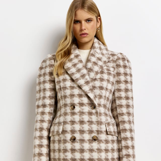 River Island Womens Coat Cream Dogtooth Wool Longline