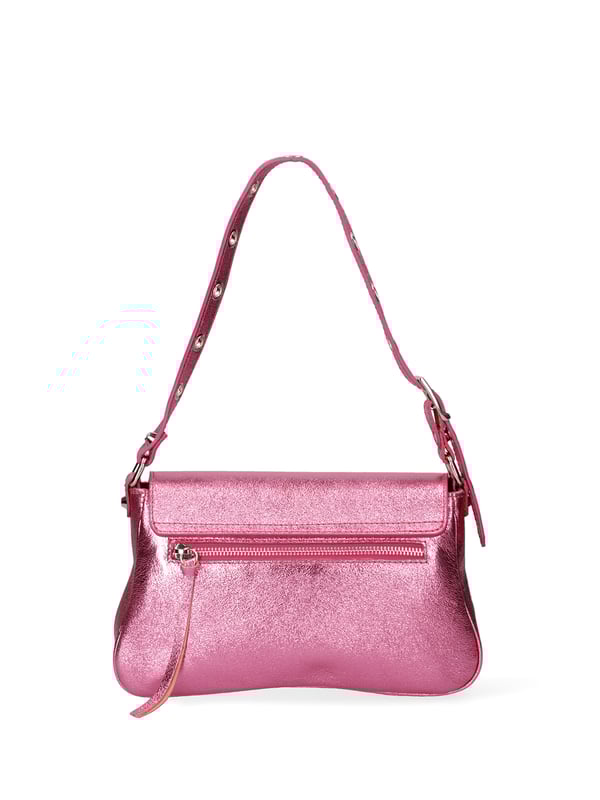 Bolso de hombro para mujeres. El cierre es con botón magnético. Los bolsillos internos son una cremallera. Los bolsillos externos son una cremallera y una cremallera trasera. La correa del hombro es ajustable y extraíble en cuero. El mango está en cuero. Los compartimentos internos son uno. El material externo es de cuero laminado real. Está alineado internamente en 70% de tela de algodón - 30% de seda. Medidas: 28x15x5 cm. Hecho en Italia