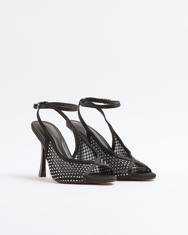 River Island Womens Court Shoes Black Mesh Ankle Strap Heeled