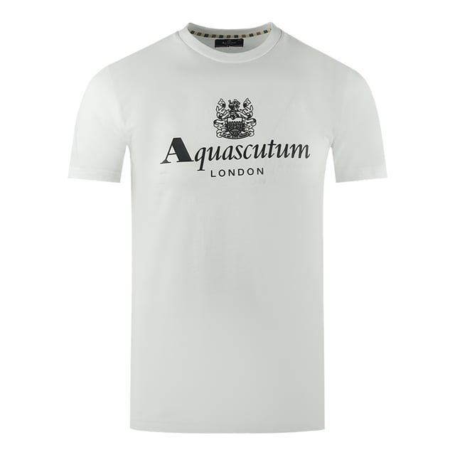 Aquascutum London Aldis Brand Logo White T-Shirt. Feel confident and stylish with the Aquascutum Bold Aldis Logo White T-Shirt. Made from comfortable materials, this T-Shirt is emblazoned with Aquascutum's Aldis logo and features a classic crew neck and short sleeves. Step out with style and class!. Aquascutum Branded Logo White tee, Crew Neck, Short Sleeves. 100% Cotton, Regular Fit. Fits True To Size. Style Code: TS002 01