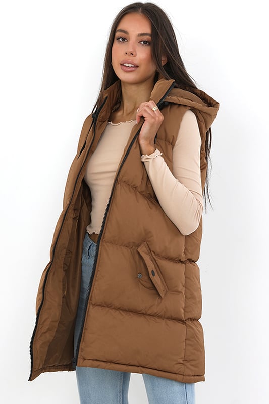 Brown Cello Longline Hooded Puffer Gilet