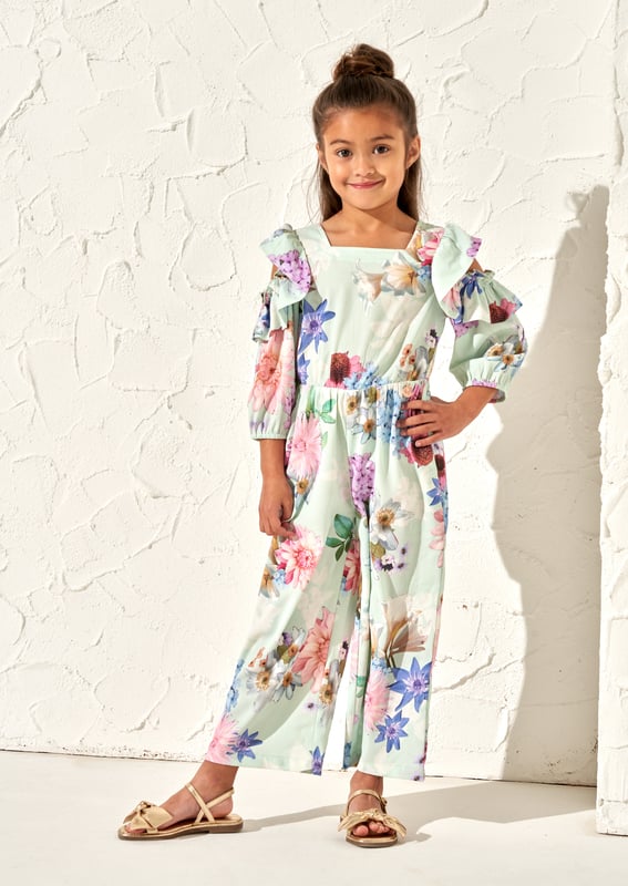 Channel effortless style in our new oversize floral print wide leg jumpsuit in soft  . Featuring a stunning ruffle open shoulder detail it's the perfect dress alternative.. About Me: 100% Polyester. Look After Me: Think Planet. Wash At 30C.