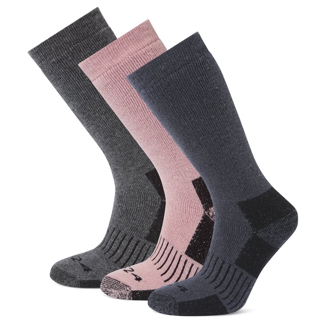 Villach 3 Pack Womens Trek Socks Dark Grey Marl/Faded Pink/Washed Blue Villach hiking socks offer supreme comfort and protection for your foot. Made from a merino blend fabric and with cushioning across the whole sock offering all round protection, these socks will ensure that rubbing and blistering is kept to a minimum so you can focus on enjoying your walk. Additional comfort features include a non-slip grip cuff that will keep your socks firmly in place, a re-inforced toe and heel section on each sock, elastic arch support and a flat toe seam to keep them comfy against the front of your shoe or boot. These socks come in a handy 3 pack and a variety of colours, so you'll never be without a great pair of hiking socks!