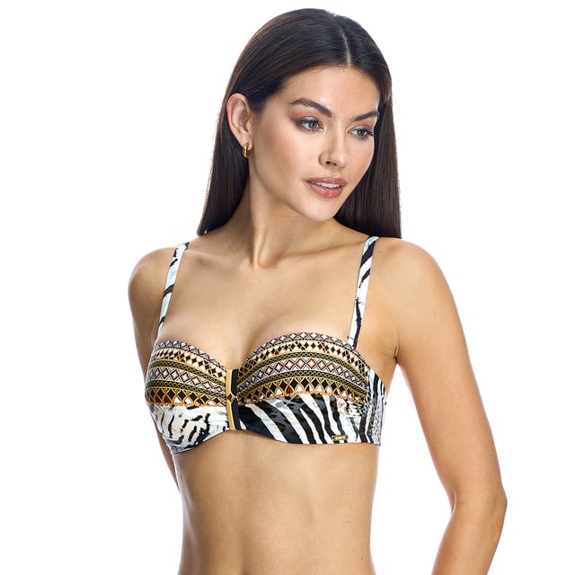 Women's underwired bikini bra W240146

 It has an underwire cup to offer greater support and definition of the silhouette.
 The underwire cup design helps enhance and shape the bust.

 It has removable straps that can be removed so that no marks are left from the sun.
 The option to remove the straps allows for versatility in the look and comfort.

 It has a hook closure in the back for a custom and secure fit.
 The back hook closure makes it easy to put on and adjust the bra.

 Cutting-edge fabric with high shaping power, high resistance to chlorine, tanning creams and oils and excellent moisture absorption properties.
 Composition: Outer lining: 80% Polyamide, 20% Elastane.
 Inner lining: 41% Polyamide, 34% Elastane, 25% Lycra.
 Cup: 100% Polyester.
 Care:
Handwash.
 Do not use bleach.
 Do not use dryer.
 Do not iron.
 Do not dry clean.
 Do not squeeze.