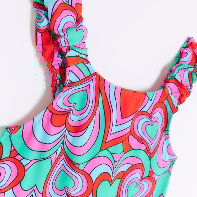 Swimsuit, Retro heart design, Frill straps, Round neck, Gold hardware, Branding
