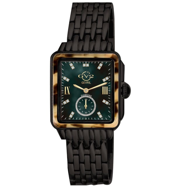 The picturesque city of Bari Italy provided the inspiration for the popular ladies GV2 Bari Collection Known throughout the world as the city of St Nicholas, it is no surprise that the historic town would continue to inspire the designers.
The new line extension retains the Bari’s sophisticated rectangular mother-of-pearl dial embellished with eighteen glittering diamonds indices; adding a well placed 60-second sub dial. This Bari collection has been fitted with a beautiful pumpkin shape crown.
GV2 9243B WoMens Bari Tortoise Swiss Quartz Diamond Watch

GV2 WoMens Swiss Watch from the Bari Collection
37 mm Square IPBK Tortoise Case/ Push Pull Crown
Black MOP dial with 18 diamonds Single Cut G/H Color
Second Hand Sub Dial
IPBK Stainless Steel Bracelet with Deployment Buckle
Anti-reflective Sapphire Crystal
Water Resistant to 50 Meters/5ATM
Swiss Quartz Movement Ronda 1069.