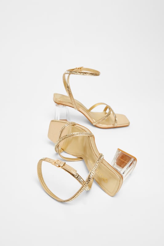 Wide Fit Gold Diamante Heels - Diamante embellishment - Block heel - Clear heel - Open toe - Heel height: 8 cm / 3 inches