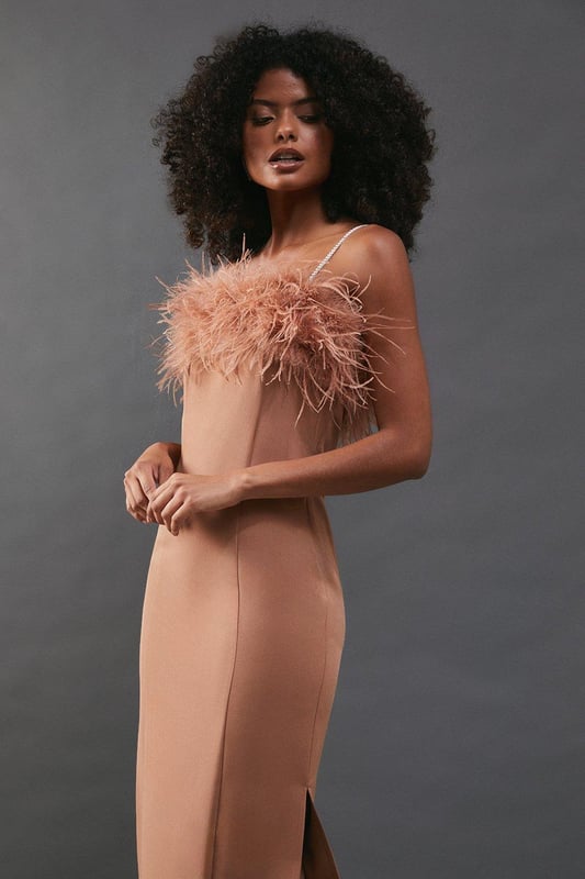 Feather Detail Diamante Strap Bandeau Midi Dress