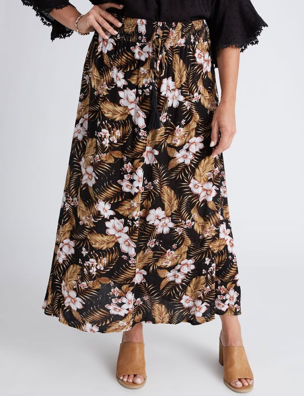 MILLERS Womens Skirts Maxi Summer Black Floral A Line Fashion Neutral Tropical Fitted Prined Crinkle Long Casual Work Clothes