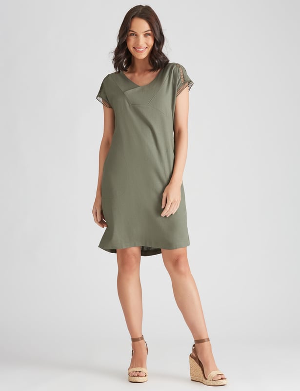 KATIES Womens Dress Khaki Green Shift Dresses Linen Blend
