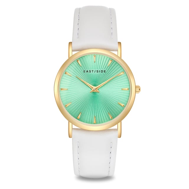GENERAL INFORMATION:  • Targetgroup: Female  • Wristwatch: No Special Functions  • Display: analogue  • Weight of watch w/o box (gr.) - approx.: 27,0  MOVEMENT:  • Movement: Quartz  • Term of Movement: 2025  • Origin of movement: Japan  BRACELET:  • Material of bracelet/strap: Genuine leather  • Plating of bracelet/strap: None  • Finishing of bracelet/strap: Smooth  • Finishing/Decoration of bracelet/strap: Seam  • Clasp/Closure/Buckle: Buckle  • Color of bracelet/strap: White  • Length of bracelet/strap (mm) approx.: 190,0  • Width of bracelet/strap (mm) approx.: 18,0  • Style/Design of bracelet/strap: No imprint  • Bracelet/strap adjustable?: No  CASE:  • Shape of case: Round  • Size/Diameter of case in mm . approx.: 33,0  • Height of case in mm: 6,7  • Case material: Metal (Alloy)  • Surface of case: Polished  • Bezel/Topring: Fixed  • Finishing/Decoration of case: None  • Material of case back: Stainless steel  • Lock of case back: No screwed-in crown  • Color of case: Yellowgold  • Coating/Plating (Case): Ion-Plating (IP)  • Type/Form of crystal: Flat  • Material of crystal: Mineral crystal  • Water resistant (ATM): 3  DIAL:  • Size jewelry care cloth: Hour, Minute  • Indices: Line indices  • Material of dial: Brass  • Structure/pattern of dial: sunray  • Color of dial: Turquoise  PUSHER, CROWN, HAND:  • Pusher: None  • Corrector: No  • Crown: No screwed-in crown  • Type of hands: Dauphine hands  • Luminescent (hands): No  PACKAGING & SCOPE OF DELIVERY:  • Box: Yes  • Service booklet: Yes  • Manual: Yes