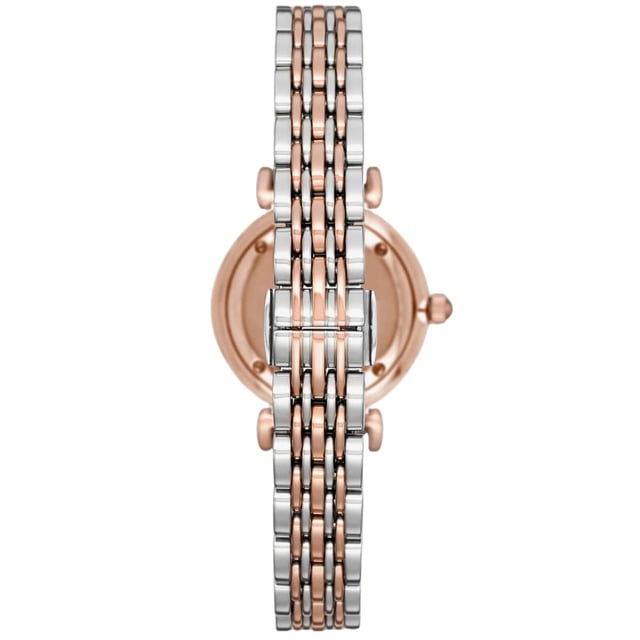 Sku: AR11223Case Size: 28 mmMovement: Quartz Two-HandStrap Material: Stainless SteelStrap Colour: Two ToneCase Water Resistance: 3 ATMCase Material: Stainless SteelCase Colour: Rose GoldDial Colour: PinkStrap Width: 12 mmClosure: Bracelet Butterfly DeployantStrap Inner Circumference: 175 +/- 5 mmCrystal Type: MineralBattery Type: SR616SW