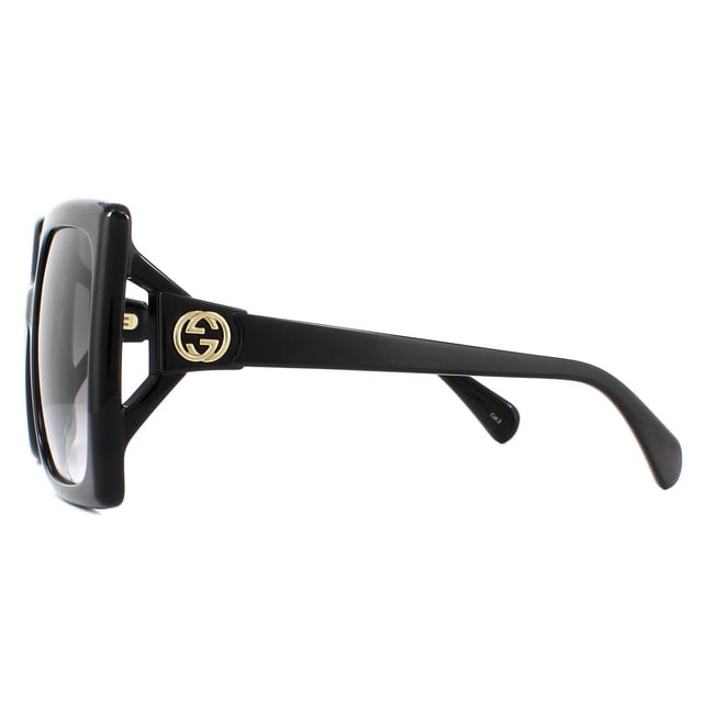 Gucci Sunglasses GG0876S 001 Black Grey Gradient are a large oversized style with a square shape featuring the interlocking GG Gucci logo on the hinges for that authentic Gucci look.