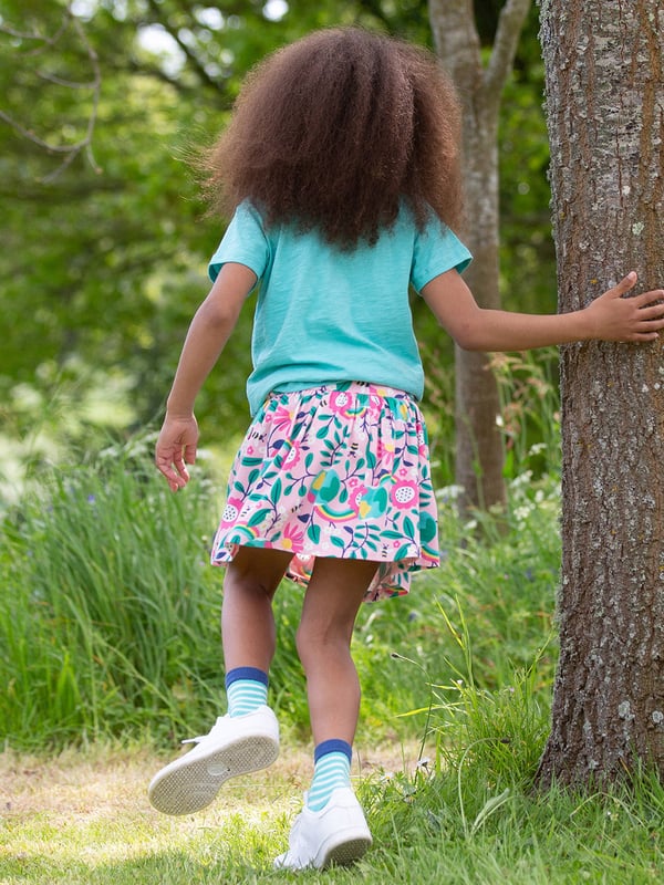 95% organic cotton 5% elastane | Proud to be certified to the Global Organic Textile Standard (GOTS) | Hello Earth all-over print | Single jersey with a little bit of stretch (180-190 gsm) | Skirt with matching built-in shorts | Elasticated waistband | Made in Turkey | Machine washable at 40 degrees, or at 30 degrees to be kinder to the planet