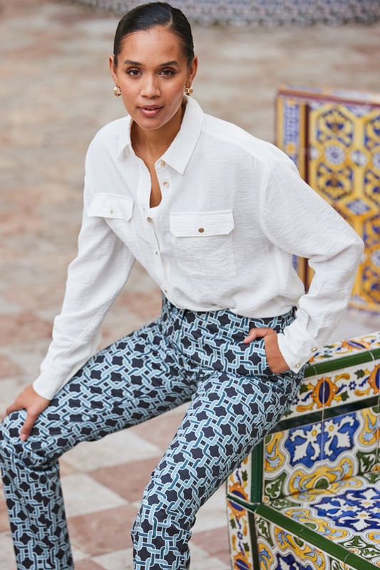 Outfit-transforming trousersCut in a timeless tapered silhouetteSplashed with a standout geo print - prepare for complimentsYou'll wear them for work and playEffortlessly chic with a white shirtComplete the look with courts and a blazerInside leg to fit: Short 29" | Regular 31" | Long 33"