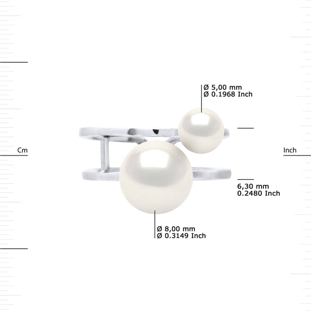 Ring Duo aus 2 echten Süßwasser-Zuchtperlen 5-6 und 8-9 mm , 0,31 in ; 0,20 in und 0,35 in - Natürliche weiße Farbe 925 Sterling Silber rhodiniert Größe erhältlich von 48 bis 62 , J bis U - Unser Schmuck wird in Frankreich hergestellt und wird in einer Geschenkbox mit einem Echtheitszertifikat und internationaler Garantie geliefert