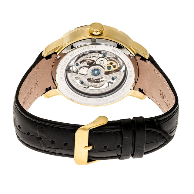 316L Surgical-Quality Stainless Steel Case; Jeweled Automatic Movement; Jewel Bearings: 22 Jewels; 40-Hour Power Reserve; Beats per Hour (BPH): 21600/Hour; Sapphire-Coated Mineral Crystal; Skeleton Dial; Observation Caseback to view Movement; Logo-Engraved Stainless Steel Crown; Genuine Leather Crocodile-Embossed Strap; Logo-Engraved Stainless Steel Clasp; Super-Luminova Hands; 44mm Diameter; 5 ATM Water Resistance;
