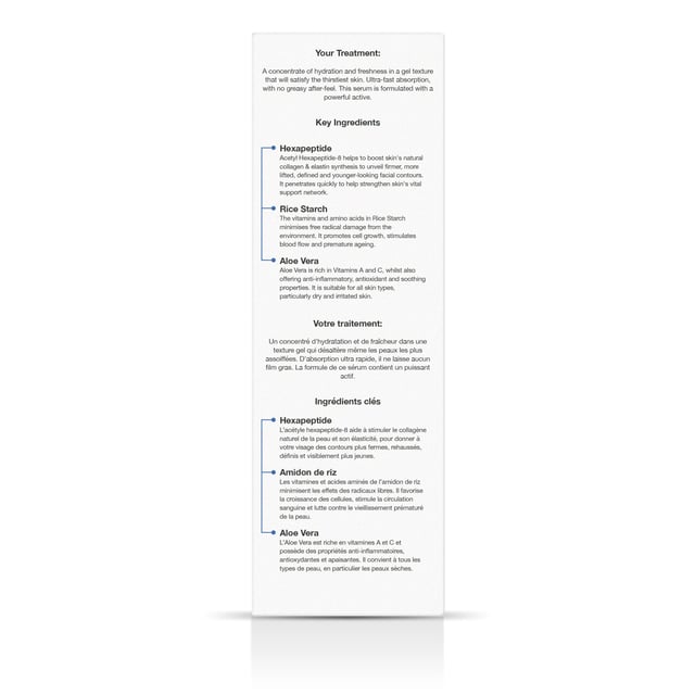 This gel serum is a hydrating and refreshing formula that is quickly absorbed without leaving a greasy residue. It boosts collagen and elasticity, promoting firmer and lifted facial contours. With powerful ingredients like Acetyl Hexapeptide-8 and Rice Starch, it minimizes free radical damage, stimulates blood flow, and provides anti-inflammatory and antioxidant properties. Suitable for all skin types, especially dry skin.