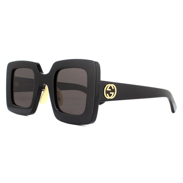 Gucci Sunglasses GG0780S 005 Black Grey have a thick acetate square style frame with adjustable nose pads and the iconic interlocking GG logo on the temples.