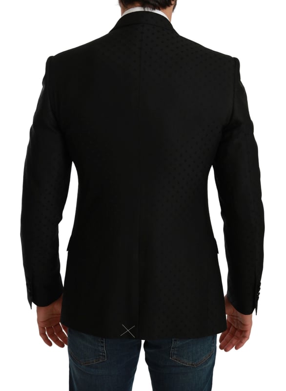 Color: Black polka dotted pattern
  Model: Single breasted one piece formal jacket blazer coat
  Material: 50% Virgin Wool 50% Rayon
  Inner Lining: 100% Silk
  Fit: Slim Fit
  One front button closure
  Three front pockets
  Three inside pockets
  Logo details
  Made in Italy
Material: 50% Virgin Wool 50% Rayon