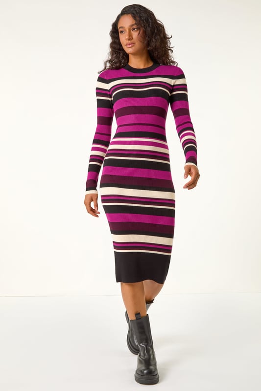 Striped High Neck Knit Bodycon Midi Dress from Roman. Update your Autumn Winter wardrobe with our striped knit dress this season. Designed in a bodycon fit and stylish midi-length finish. The high neckline adds a touch of sophistication, while the long sleeves keep you warm and snug during the cooler months. Easy to pull on, this dress is crafted from a soft knit fabric to ensure comfort. Pair with your favourite winter boots, tights, and coat for a trendy style!