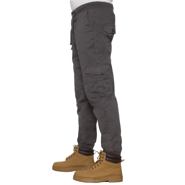 Ze Enzo Mens Combat Cuffed Jogger Style Jeans In Grey, Waist with stretch for added comfort, 98% Cotton, 2% Elastane, Zip Fly Fastening, 6 Pocket design Including 2 side Velcro flap pockets and Button Back Pockets, Mid Rise, Elasticated Ribbed Waist and Cuffs, Adjustable Drawstrings and Branded Buttons, Machine washable, For All Year Round wear And Casual Occasions.