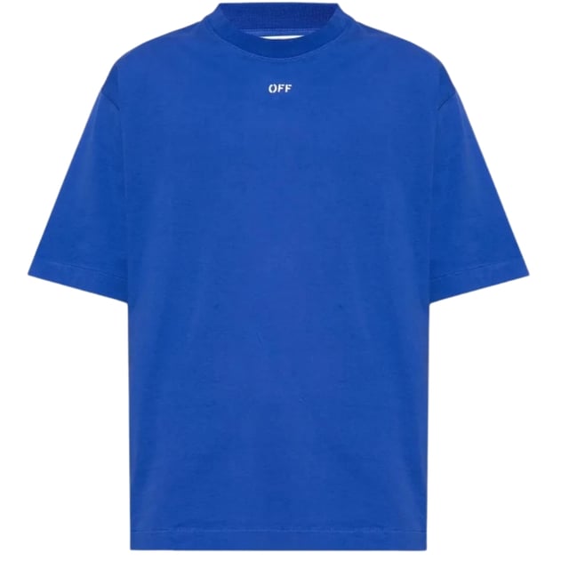 Camiseta blanca con logo OFF Stamp Skate Fit Dunkelblaues. Camiseta Off-White-azul. Logotipo del sello OFF en color blanquecino. Rundhalsausschnitt, kurze armel. 100 % Baumwolle, hergestellt en Portugal. OMAA120F23JER0016901