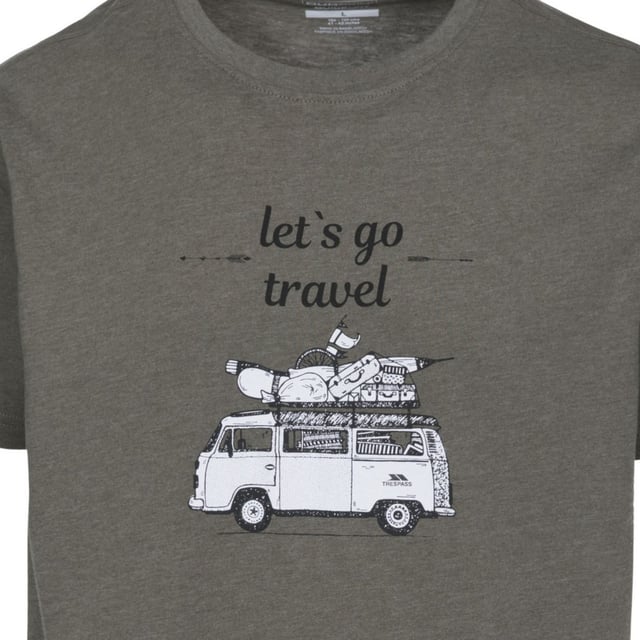 Mens short sleeve t-shirt with a travel van graphic print design on chest. Round neck. Quick drying. Materials: 60% cotton/ 40% polyester.