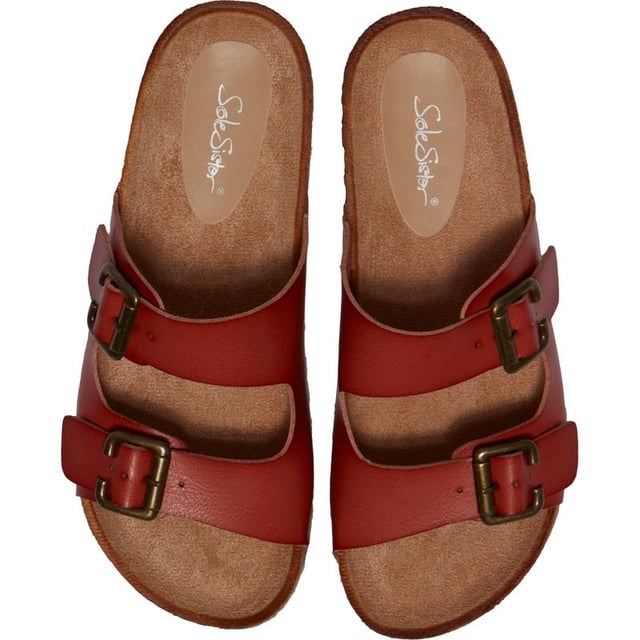 Damesbruine Solesister peppa-voetbedsandalen, vervaardigd met synthetisch materiaal en een synthetische zool. Kenmerken: touwdetail op de buitenzool, synthetische voering en sok en comfortabel voetbed.