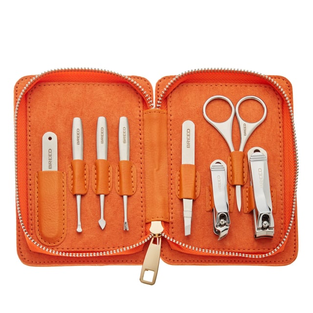 SPECS: 8-piece set, Surgical Stainless steel tools; INCLUDED: Heavy duty zip up travel case, Fingernail clippers, Toenail clippers, Nail file, Nostril + Eyebrow scissors, Peeling Knife, Cuticle Knife, Deadskin Fork, Tweezers