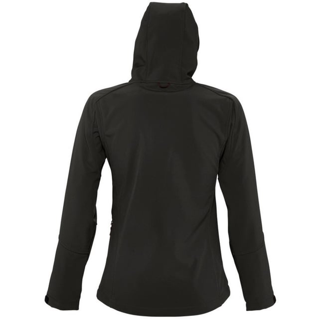Breathable, windproof and water resistant. Shaped fit. Taped neckline. Hood with adjustable drawcord. Collar high full zip with inner storm flap and chin guard. Two front zip pockets and one right chest zip pocket. Tear release adjustable cuffs. Adjustable drawcord at hem. Drop tail. Access for decoration. Material: Stretch soft shell fabric has a 94% polyester/6% elastane outer, membrane and polyester fleece backing. Ladies size: S(8/10), M(12), L(14), XL(16), XXL(18).