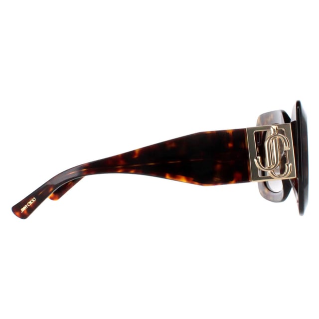 Jimmy Choo Square Womens Havana and Gold Brown Gradient GAYA/S  Sunglasses boast a chic square frame design accentuated by large metal branding on the hinges. Combining classic elegance with modern flair, these sunglasses effortlessly elevate any look. Perfect for various occasions, they add a touch of sophistication while making a bold fashion statement.