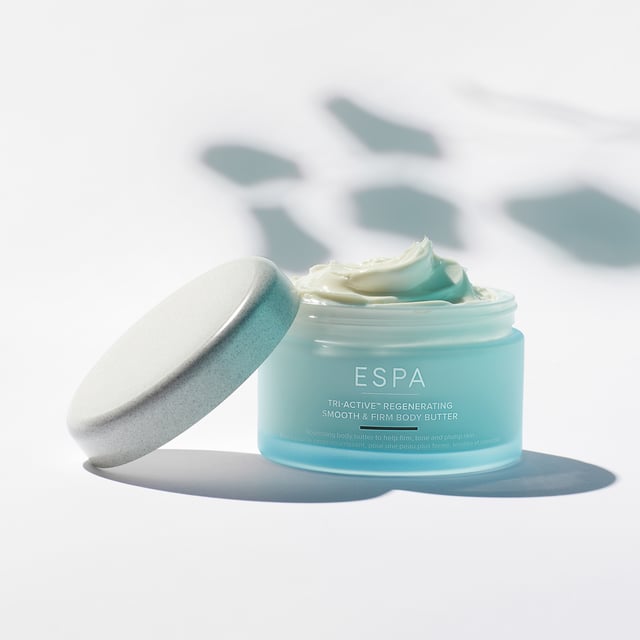 "Improves skin’s hydration, texture, radiance, and tone. Indulge in ESPA’s Tri-Active Regenerating Smooth & Firm Body Butter, an age-defying treat for silky radiance. 

This rich body butter contains powerful natural actives to help firm, smooth, and nourish skin so it feels supple, firm, and replenished. 

Discover an age-defying, nurturing blend of brightening and smoothing Bio Retinol from Bidens Pilosa, revitalising and plumping Sea Amber, toning and firming Pumpkin Seed, and powerful Larch polysaccharides to help protect the skin’s natural moisture barrier for supple radiance. 

Enhanced with a nourishing blend of Rosehip and Argan oil to comfort and moisturise the skin. These essential fatty acids leave skin feeling soft, smooth, healthy, and hydrated. 

Featuring an essential oil blend of Mandarin, Patchouli, and Rose Geranium for an elevated Aromatherapy experience. 


Key Ingredients: 

•	Bio retinol (from bidens pilosa) – skin looks brighter and healthier. Age-defying for visibly smooth skin. 
•	Pumpkin seed extract – restores feeling of firmness to skin 
•	Larch – protects skin’s natural moisture barrier function helping it to feel supple 
•	Sea amber – hydrates and moisturises for skin which feels plumped and smooth 
•	Nourishing blend of rosehip and argan oil – replenishes skin with precious lipids helping to prevent dryness 
•	A fragrant essential oil blend of mandarin, patchouli & rose geranium – revives and restores the senses. 


Key Benefits: 

•	Rich And Velvety Body Butter Transforms into A lipid Rich oil 
•	Skin feels supple 
•	Skin feels firmer 
•	Skin feels softer and smoother 
•	Skin appears firmer 
•	Skin feels more toned
•	Skin is left with a feeling of bounce and plumpness to skin 
•	Skin feels hydrated 
•	Skin feels intensely moisturised, nurtured and nourished 
•	Skin looks brighter, radiant and healthy 
•	Skin feels restored and protected with moisture"